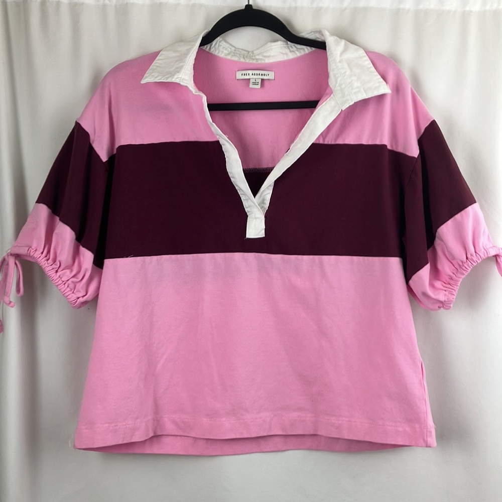 Free Assembly pink and burgundy collegiate polo style shirt woman’s size large